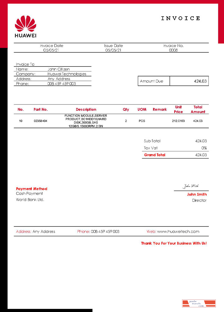USA Huawei invoice template PSD template